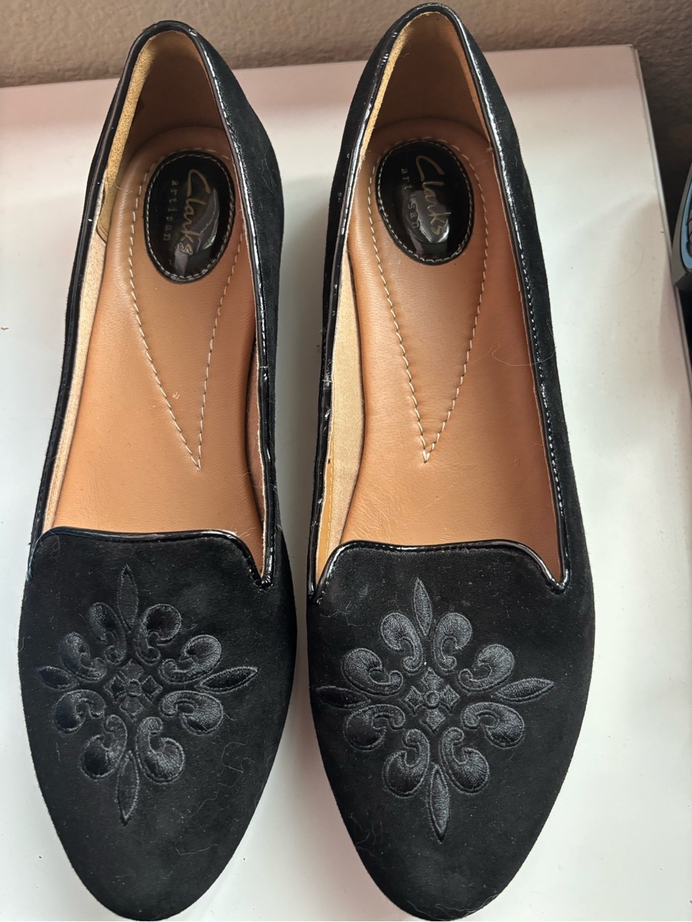 Clarks Black Suede Embroidered Slip-On Loafers
